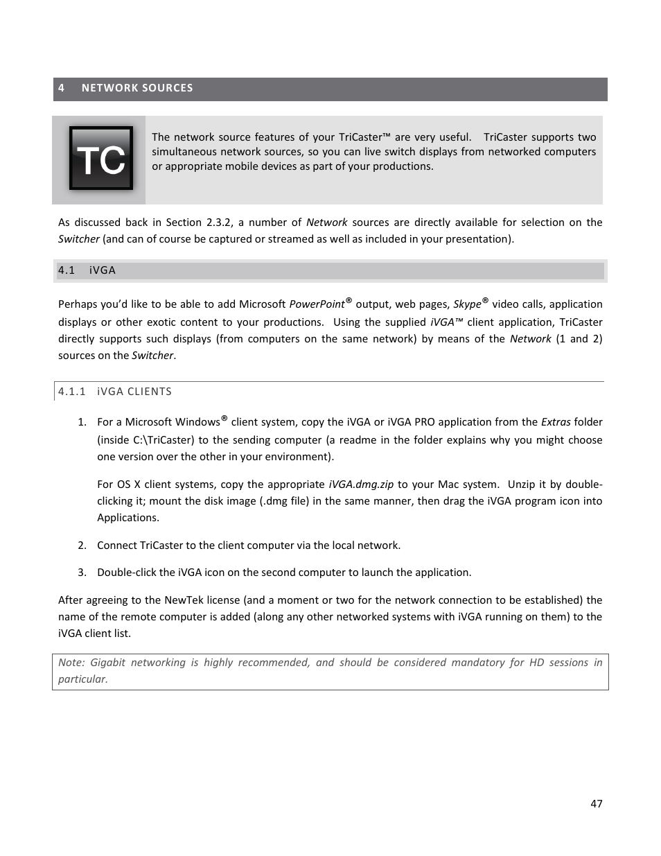 4 network sources, 1 ivga, 1 ivga clients | Network sources, Ivga, Ivga clients, R 4, re | NewTek TriCaster 40 User Manual | Page 49 / 80