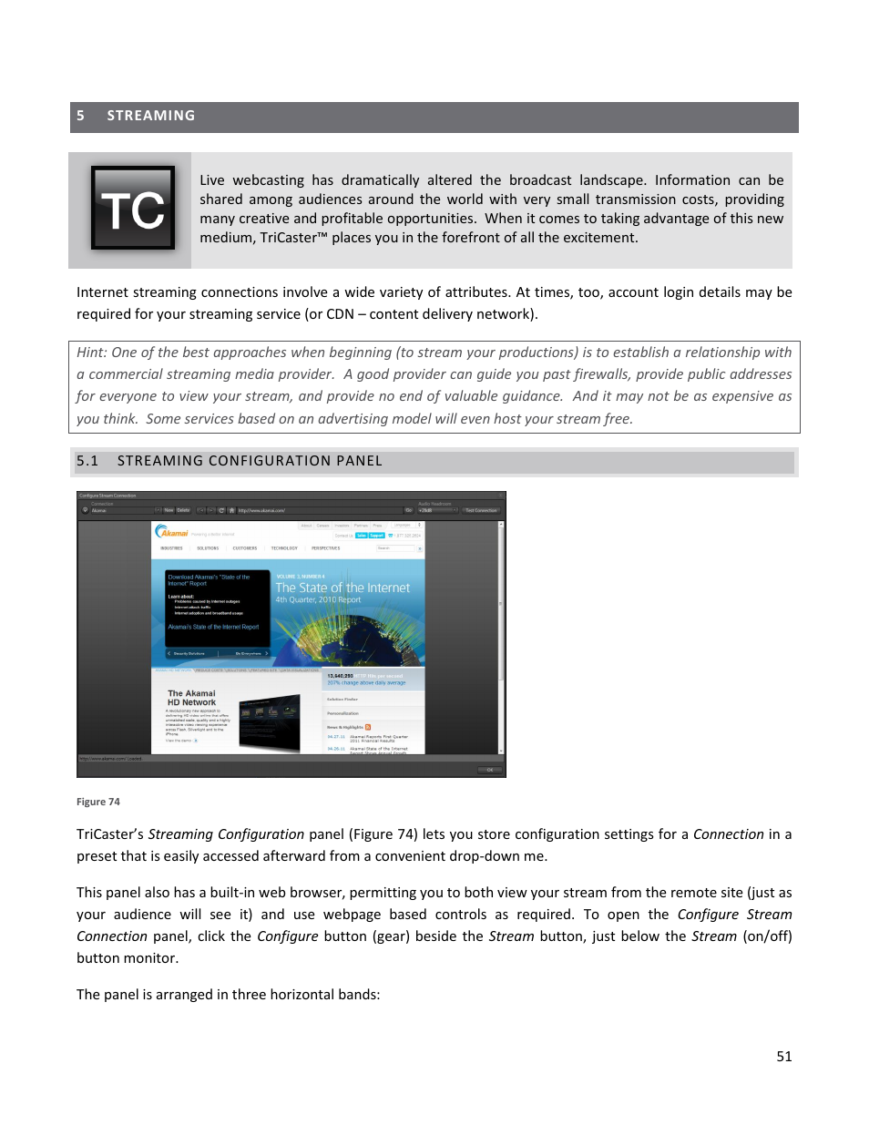 5 streaming, 1 streaming configuration panel, Streaming | Streaming configuration panel | NewTek TriCaster 40 User Manual | Page 53 / 80