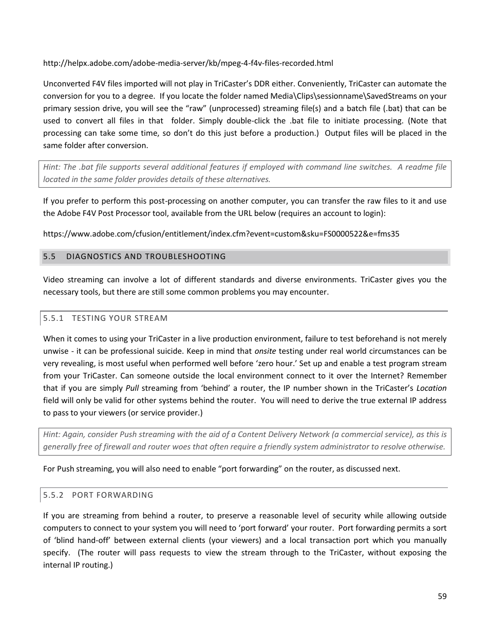 5 diagnostics and troubleshooting, 1 testing your stream, 2 port forwarding | Diagnostics and troubleshooting, Testing your stream, Port forwarding | NewTek TriCaster 40 User Manual | Page 61 / 80