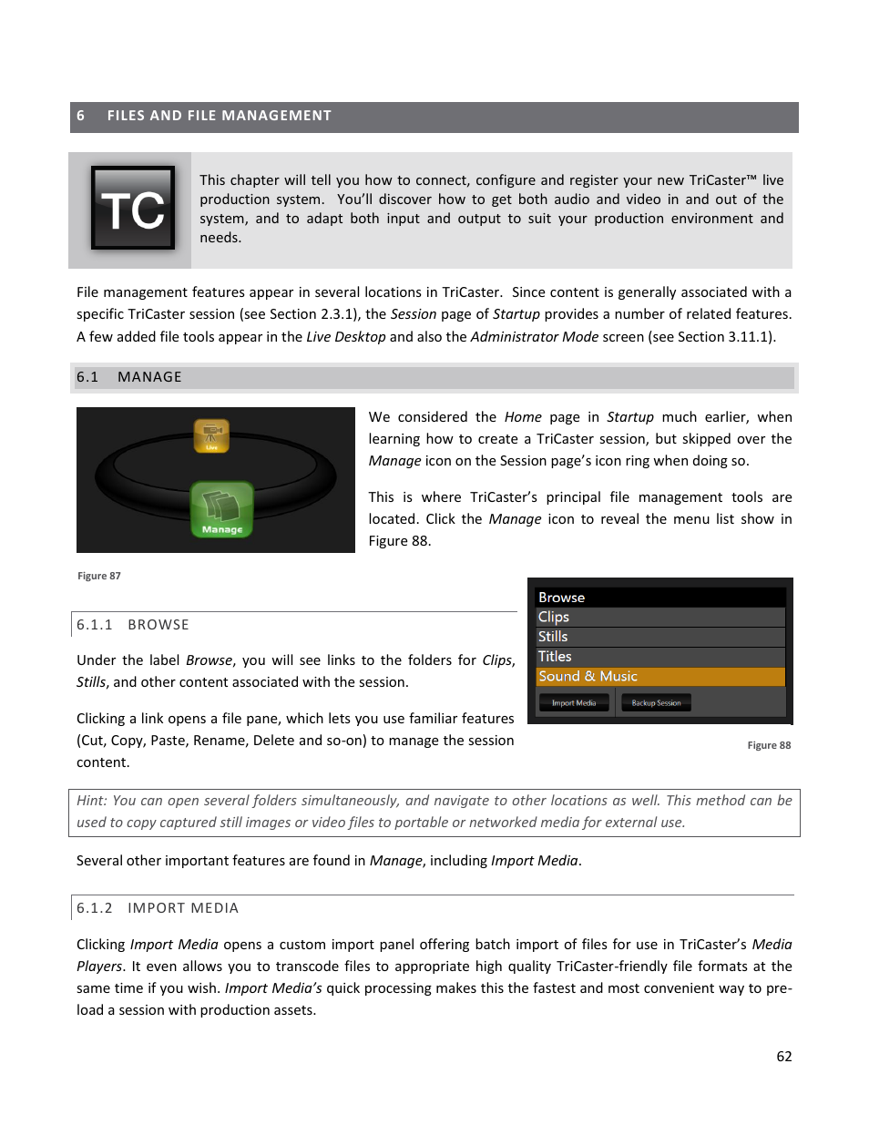 6 files and file management, 1 manage, 1 browse | 2 import media, Files and file management, Manage, Browse, Import media | NewTek TriCaster 40 User Manual | Page 64 / 80