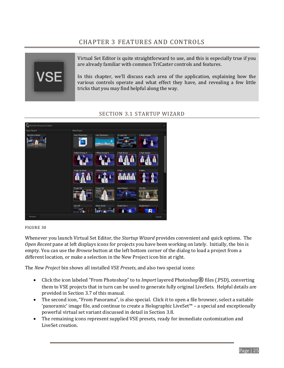 Chapter 3 features and controls, Ection, Tartup | Izard | NewTek Virtual Set Editor User Manual | Page 27 / 54