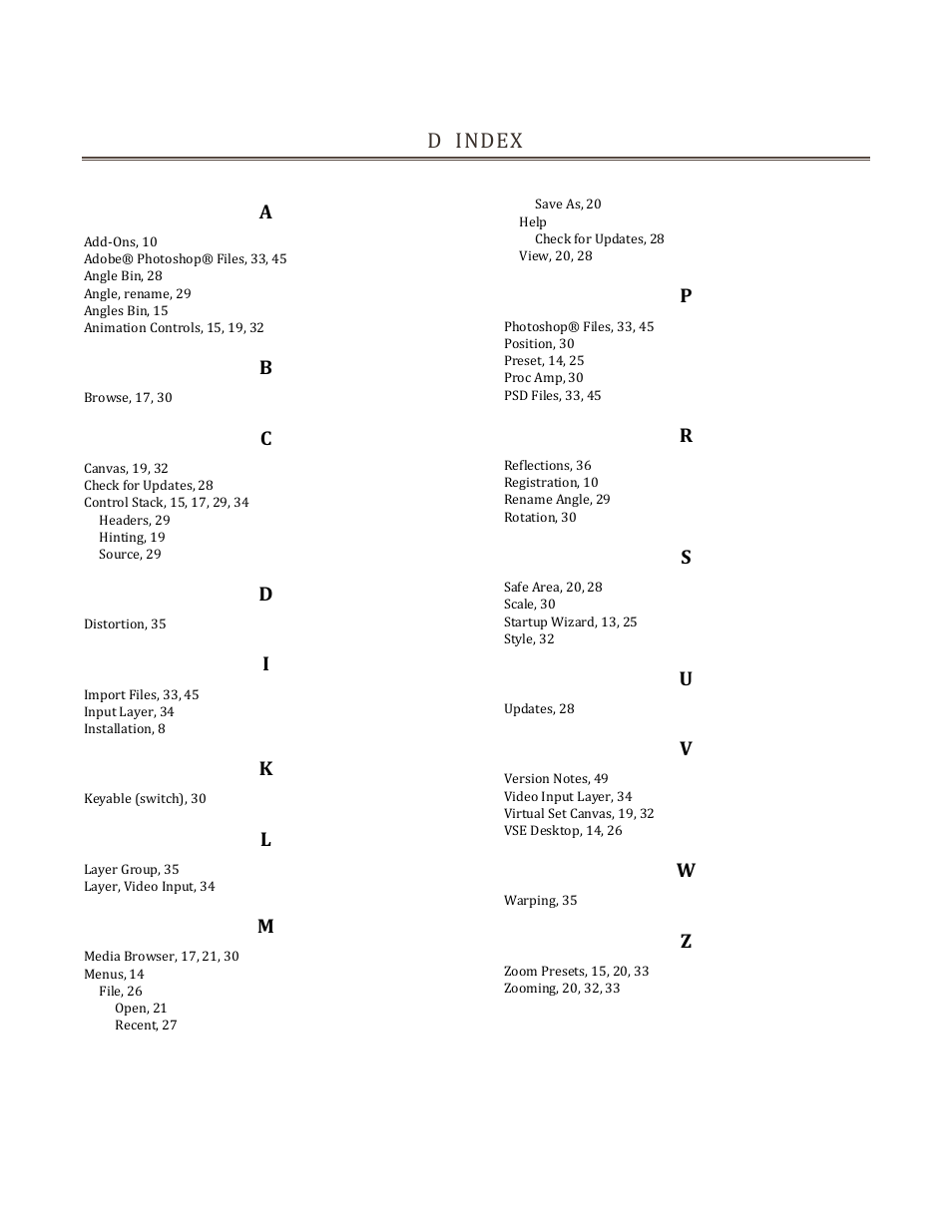 D index | NewTek Virtual Set Editor User Manual | Page 53 / 54