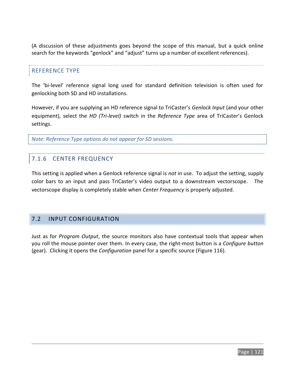 Reference type, 6 center frequency, 2 input configuration | Center frequency, Input configuration | NewTek TriCaster 300 User Manual | Page 137 / 328