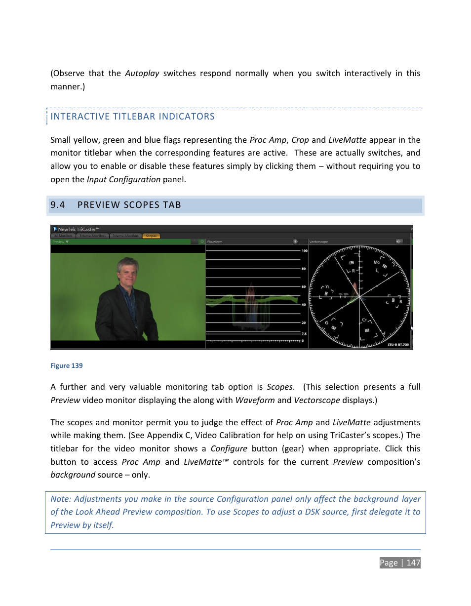 Interactive titlebar indicators, 4 preview scopes tab, Preview scopes tab | NewTek TriCaster 300 User Manual | Page 163 / 328