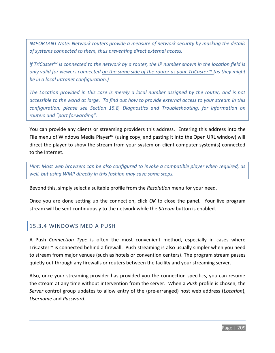 4 windows media push, Windows media push | NewTek TriCaster 300 User Manual | Page 225 / 328