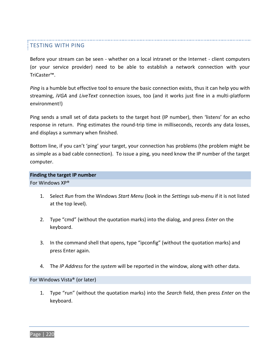 Testing with ping | NewTek TriCaster 300 User Manual | Page 236 / 328