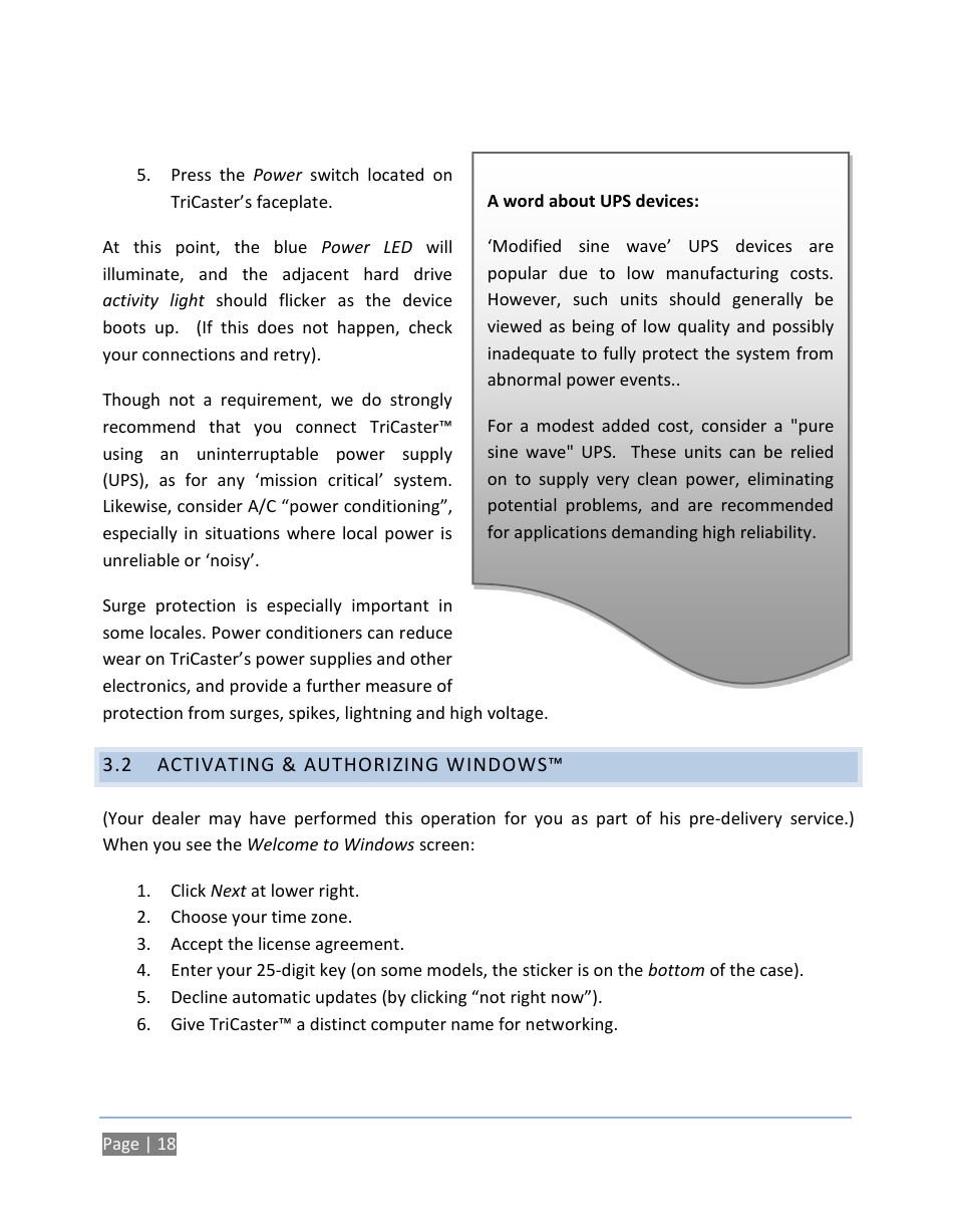 2 activating & authorizing windows, Activating & authorizing windows | NewTek TriCaster 300 User Manual | Page 34 / 328