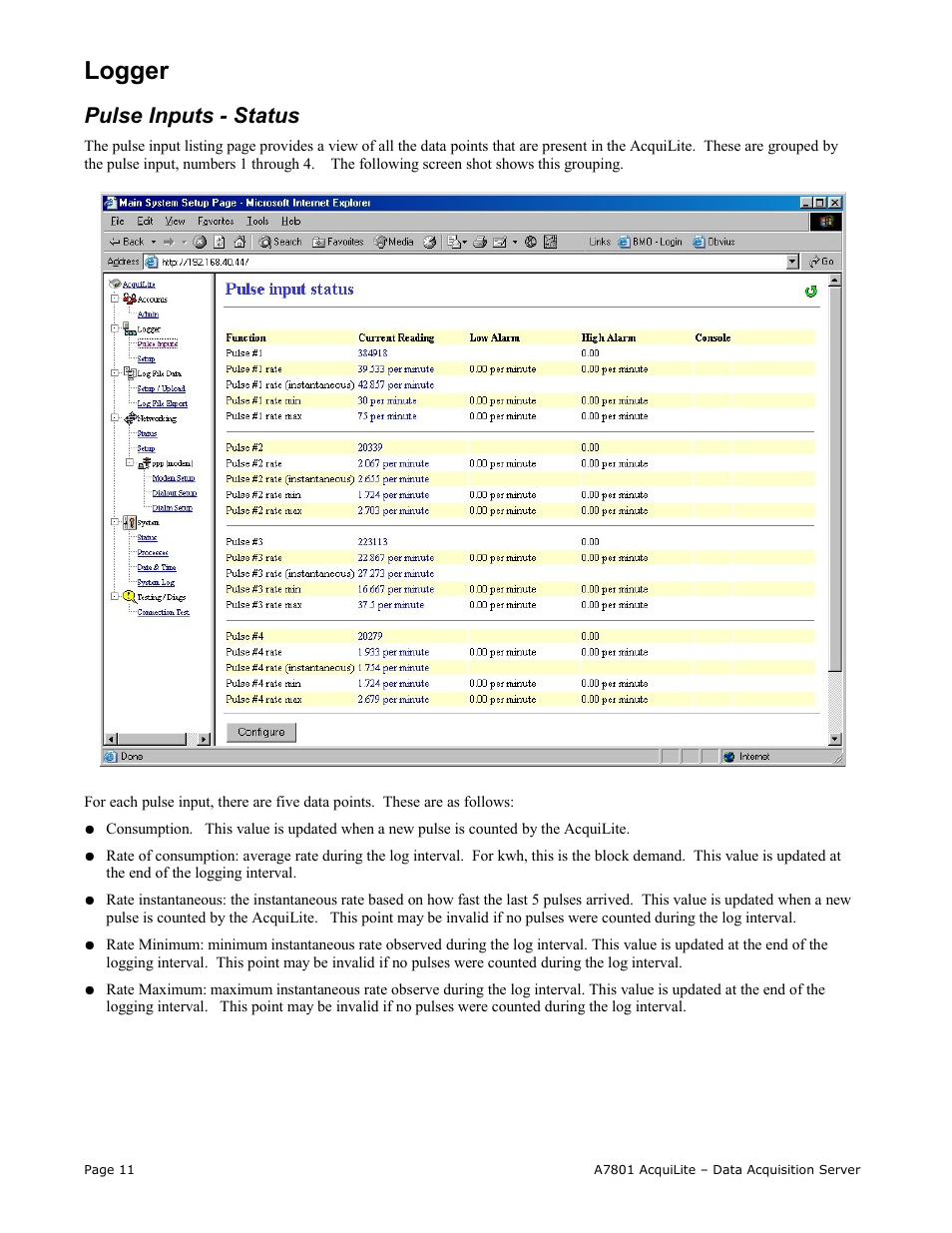 Logger, Pulse inputs - status | Obvius A7801 User Manual | Page 11 / 27