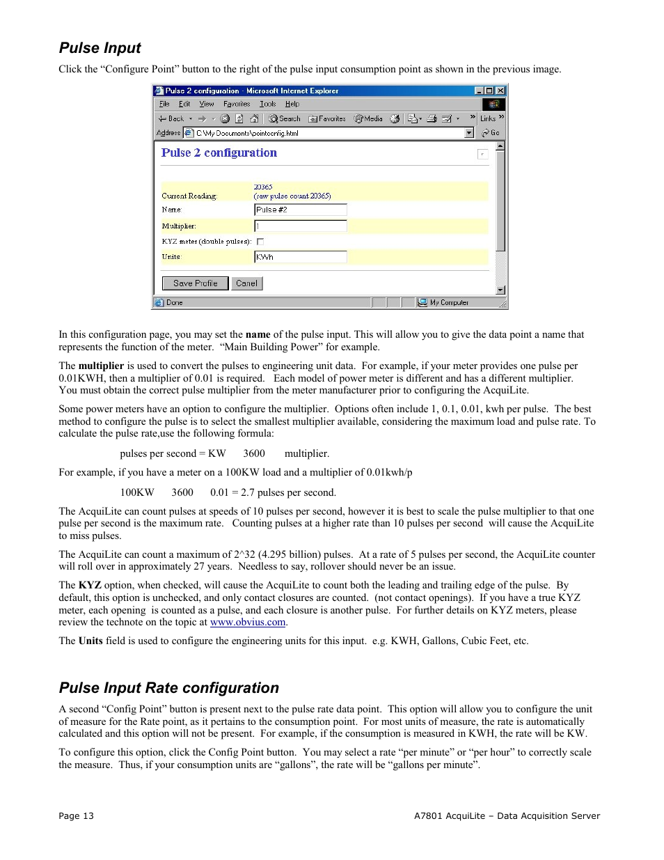 Pulse input, Pulse input rate configuration | Obvius A7801 User Manual | Page 13 / 27