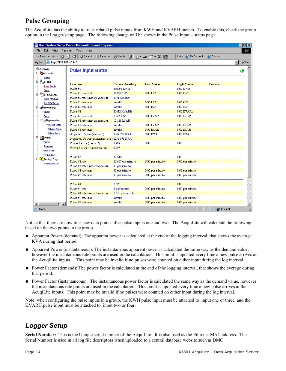 Pulse grouping, Logger setup | Obvius A7801 User Manual | Page 14 / 27