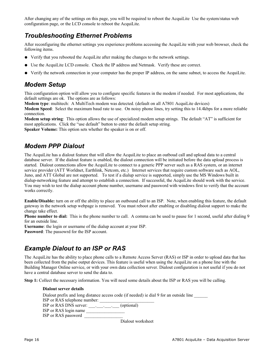 Troubleshooting ethernet problems, Modem setup, Modem ppp dialout | Example dialout to an isp or ras | Obvius A7801 User Manual | Page 16 / 27