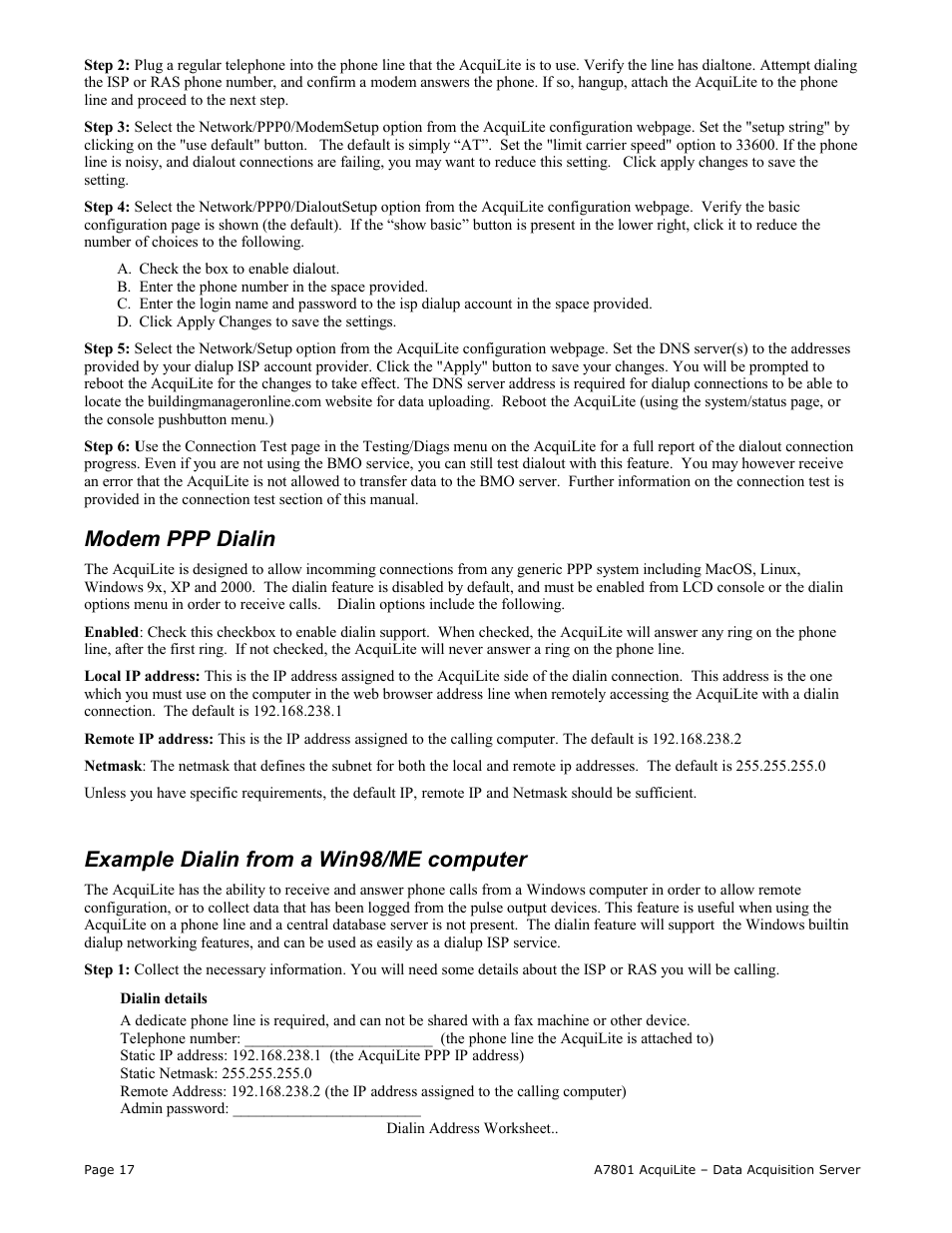 Modem ppp dialin, Example dialin from a win98/me computer | Obvius A7801 User Manual | Page 17 / 27