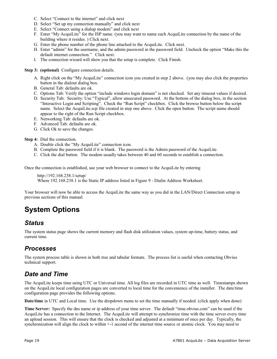 System options, Status, Processes | Date and time | Obvius A7801 User Manual | Page 19 / 27