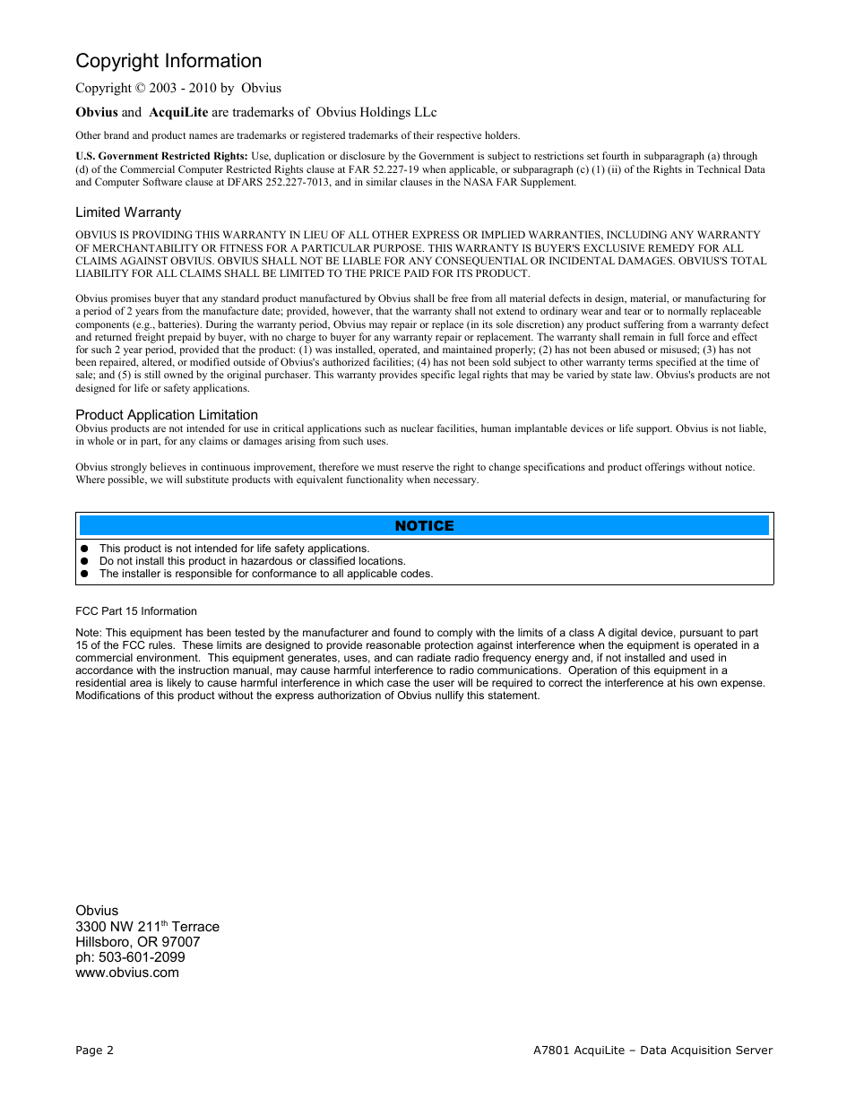 Copyright information | Obvius A7801 User Manual | Page 2 / 27