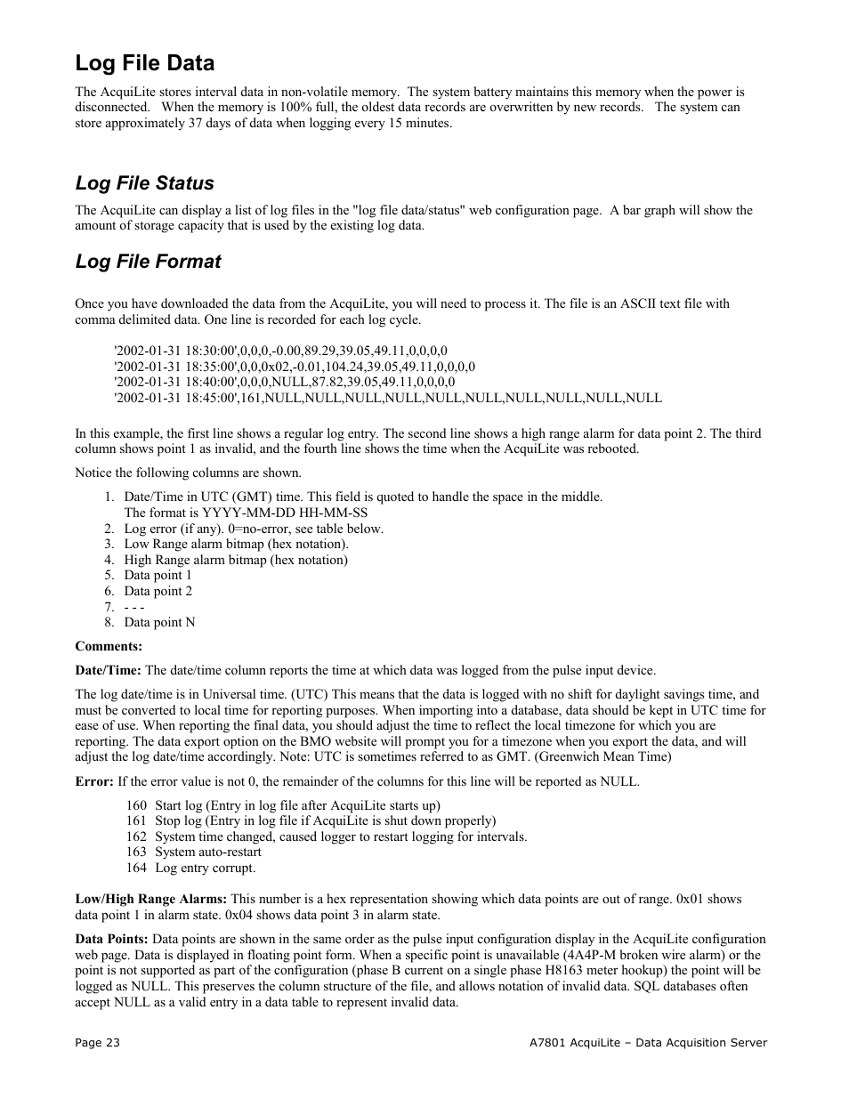 Log file data, Log file status, Log file format | Obvius A7801 User Manual | Page 23 / 27