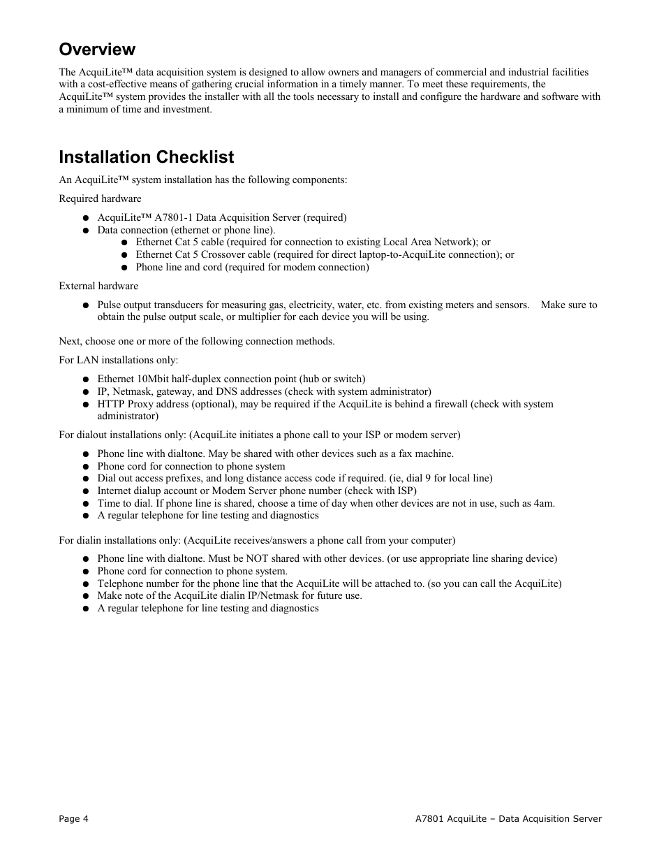 Overview, Installation checklist | Obvius A7801 User Manual | Page 4 / 27