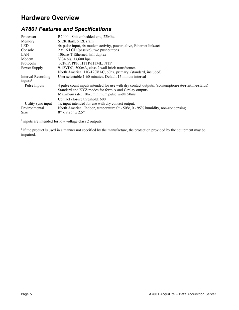 Hardware overview, A7801 features and specifications | Obvius A7801 User Manual | Page 5 / 27