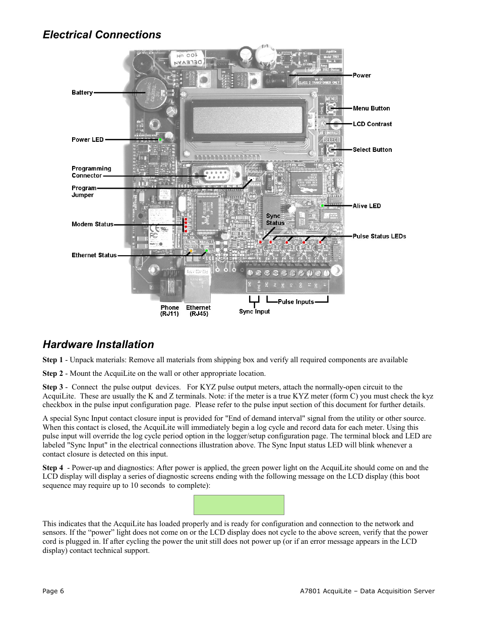 Electrical connections hardware installation | Obvius A7801 User Manual | Page 6 / 27