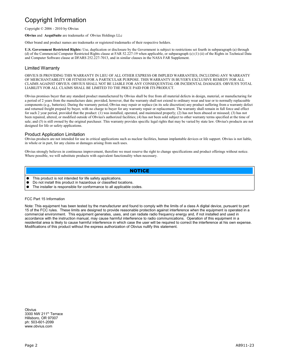 Copyright information | Obvius A8911-23 User Manual | Page 2 / 10