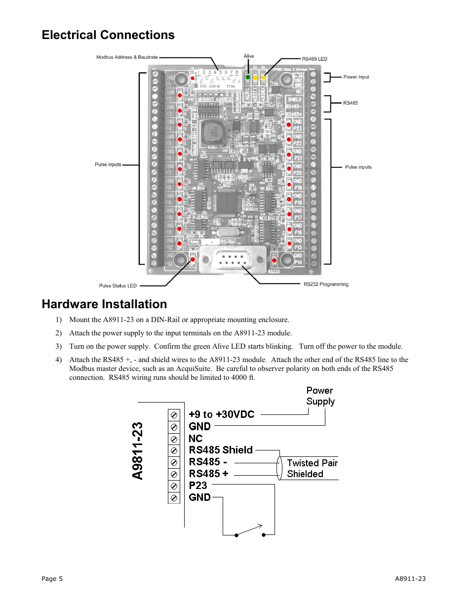 Electrical connections hardware installation | Obvius A8911-23 User Manual | Page 5 / 10