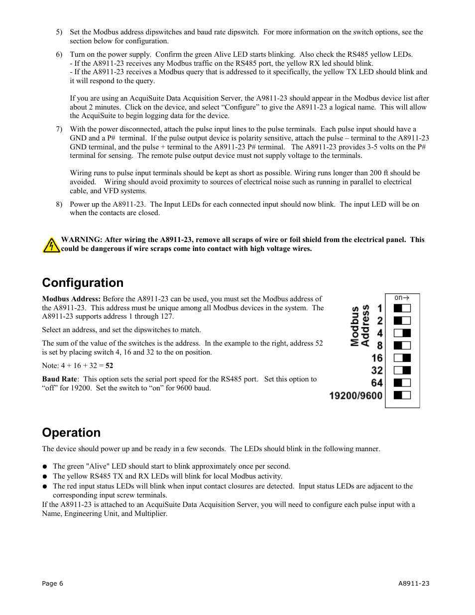 Configuration, Operation | Obvius A8911-23 User Manual | Page 6 / 10