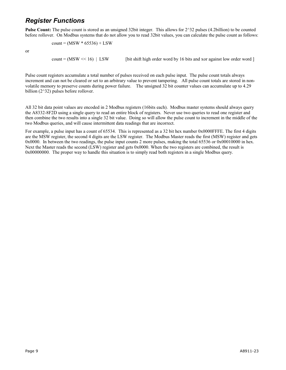 Register functions | Obvius A8911-23 User Manual | Page 9 / 10