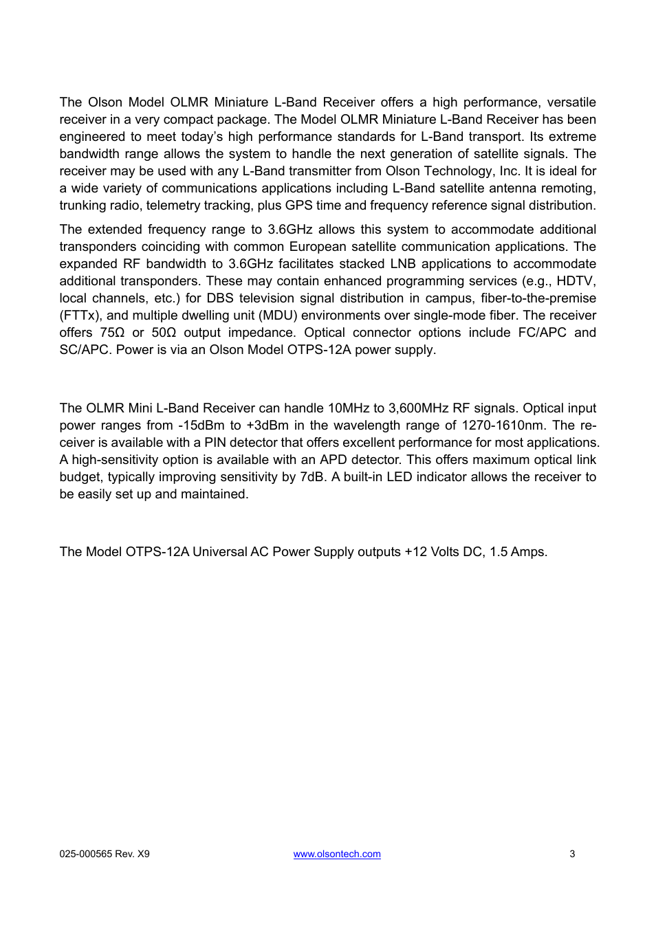 General features, Receiver description, Power supply description | Olson Technology OLMR User Manual | Page 4 / 9