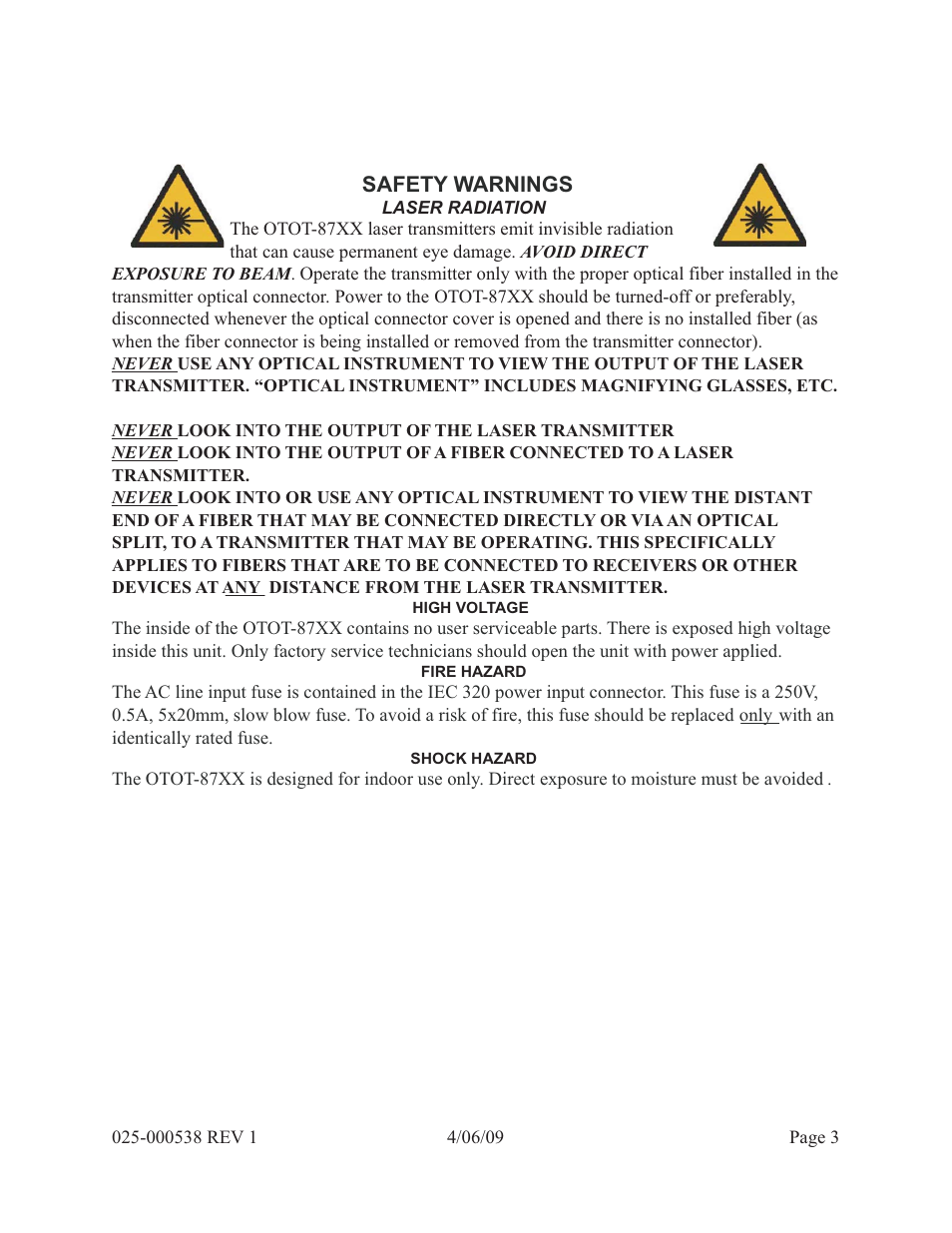 Safety warnings | Olson Technology OTLT-87XX-40-SA User Manual | Page 3 / 6