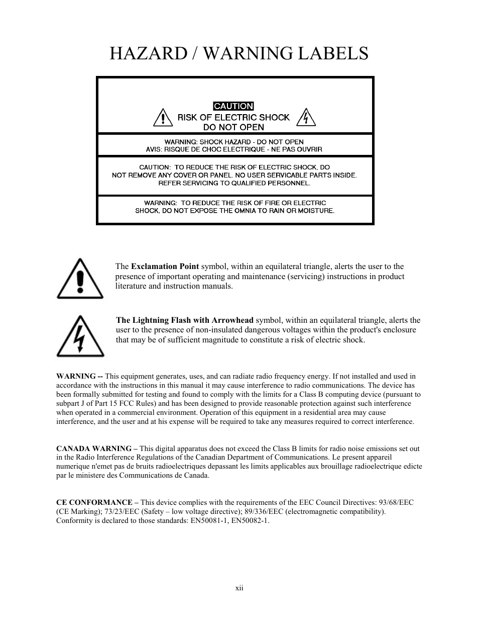 Hazard / warning labels | Omnia Audio Omnia.11 User Manual | Page 14 / 102
