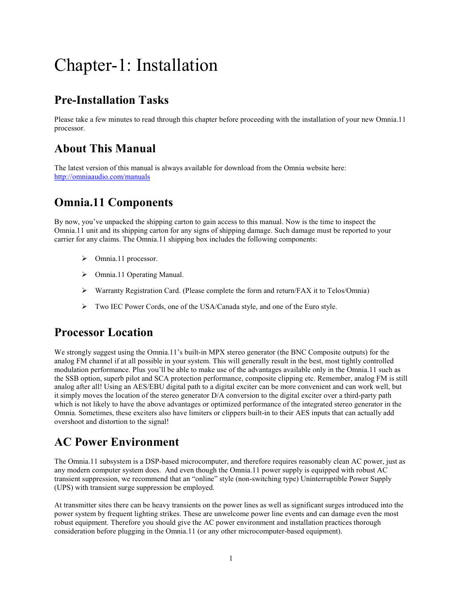 Chapter-1: installation, Pre-installation tasks, About this manual | Omnia.11 components, Processor location, Ac power environment | Omnia Audio Omnia.11 User Manual | Page 17 / 102