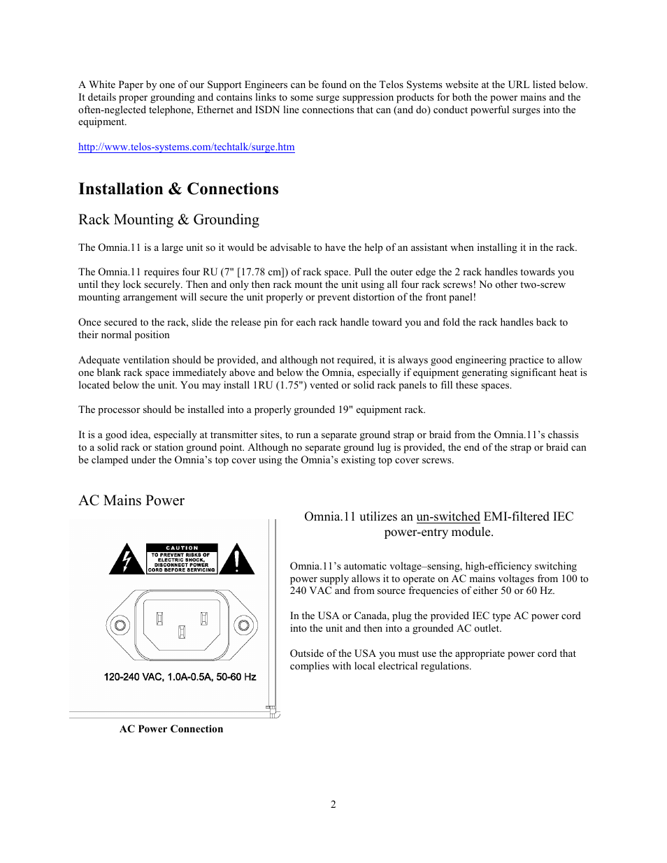 Installation & connections, Rack mounting & grounding, Ac mains power | Omnia Audio Omnia.11 User Manual | Page 18 / 102