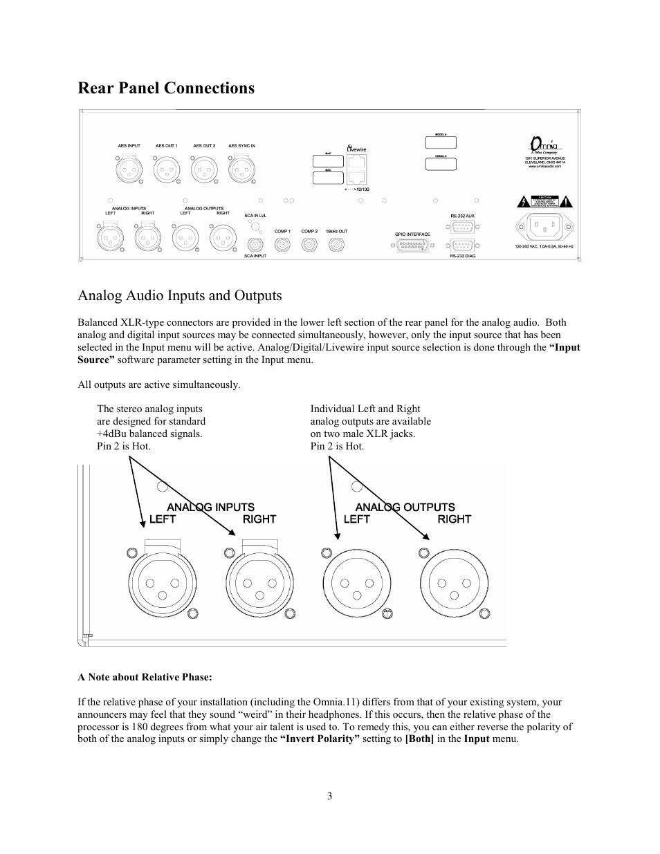 Rear panel connections, Analog audio inputs and outputs, A note about relative phase | Omnia Audio Omnia.11 User Manual | Page 19 / 102