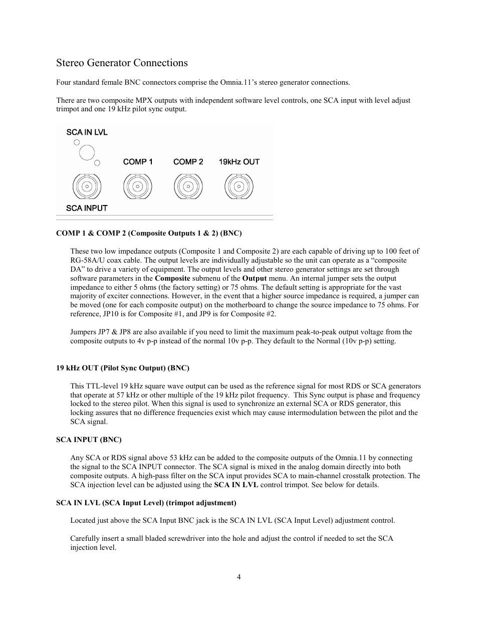 Stereo generator connections, Comp 1 & comp 2 (composite outputs 1 & 2) (bnc), 19 khz out (pilot sync output) (bnc) | Sca input (bnc), Sca in lvl (sca input level) (trimpot adjustment) | Omnia Audio Omnia.11 User Manual | Page 20 / 102