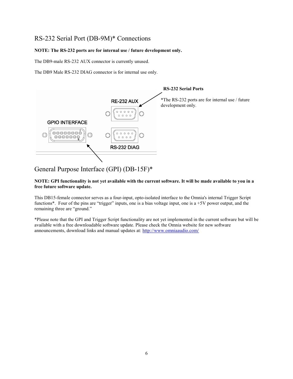 Rs-232 serial port (db-9m)* connections, General purpose interface (gpi) (db-15f) | Omnia Audio Omnia.11 User Manual | Page 22 / 102