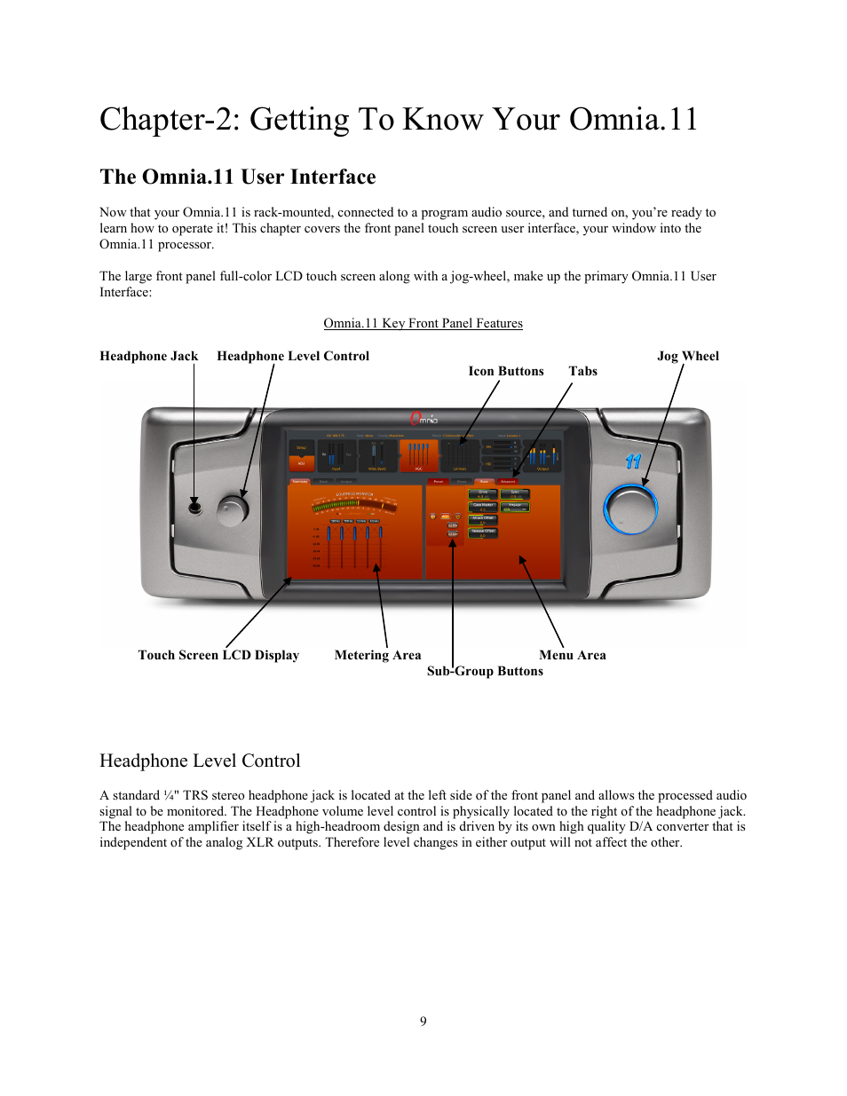 Chapter-2: getting to know your omnia.11, The omnia.11 user interface, Headphone level control | Omnia Audio Omnia.11 User Manual | Page 25 / 102