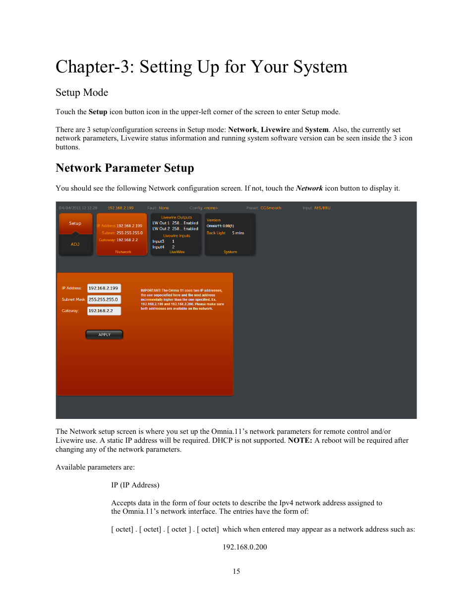 Chapter-3: setting up for your system, Setup mode, Network parameter setup | Omnia Audio Omnia.11 User Manual | Page 31 / 102