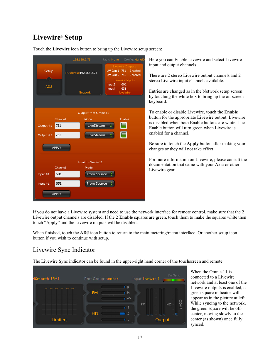 Livewire© setup, Livewire sync indicator, Livewire | Setup | Omnia Audio Omnia.11 User Manual | Page 33 / 102