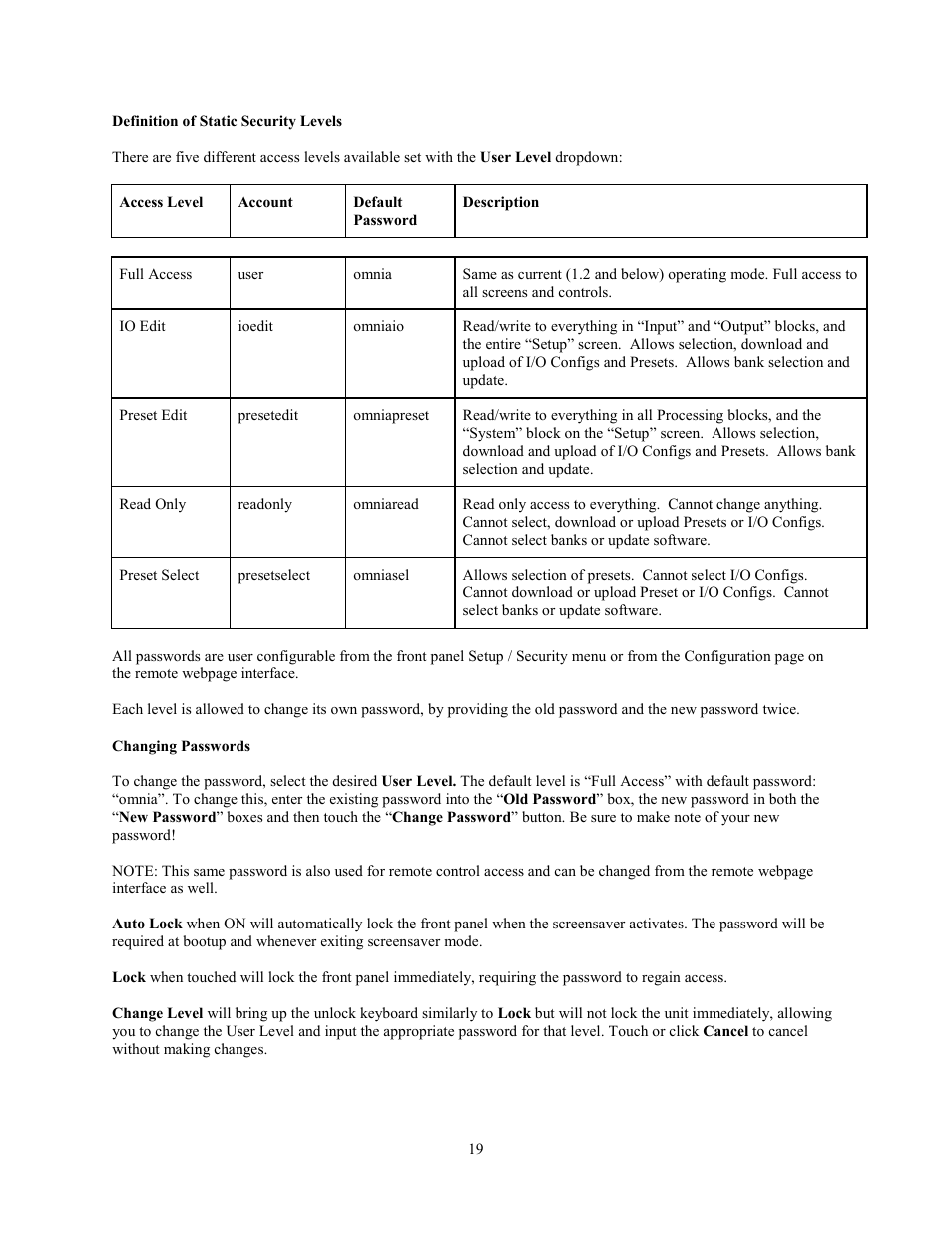 Definition of static security levels, Changing passwords | Omnia Audio Omnia.11 User Manual | Page 35 / 102