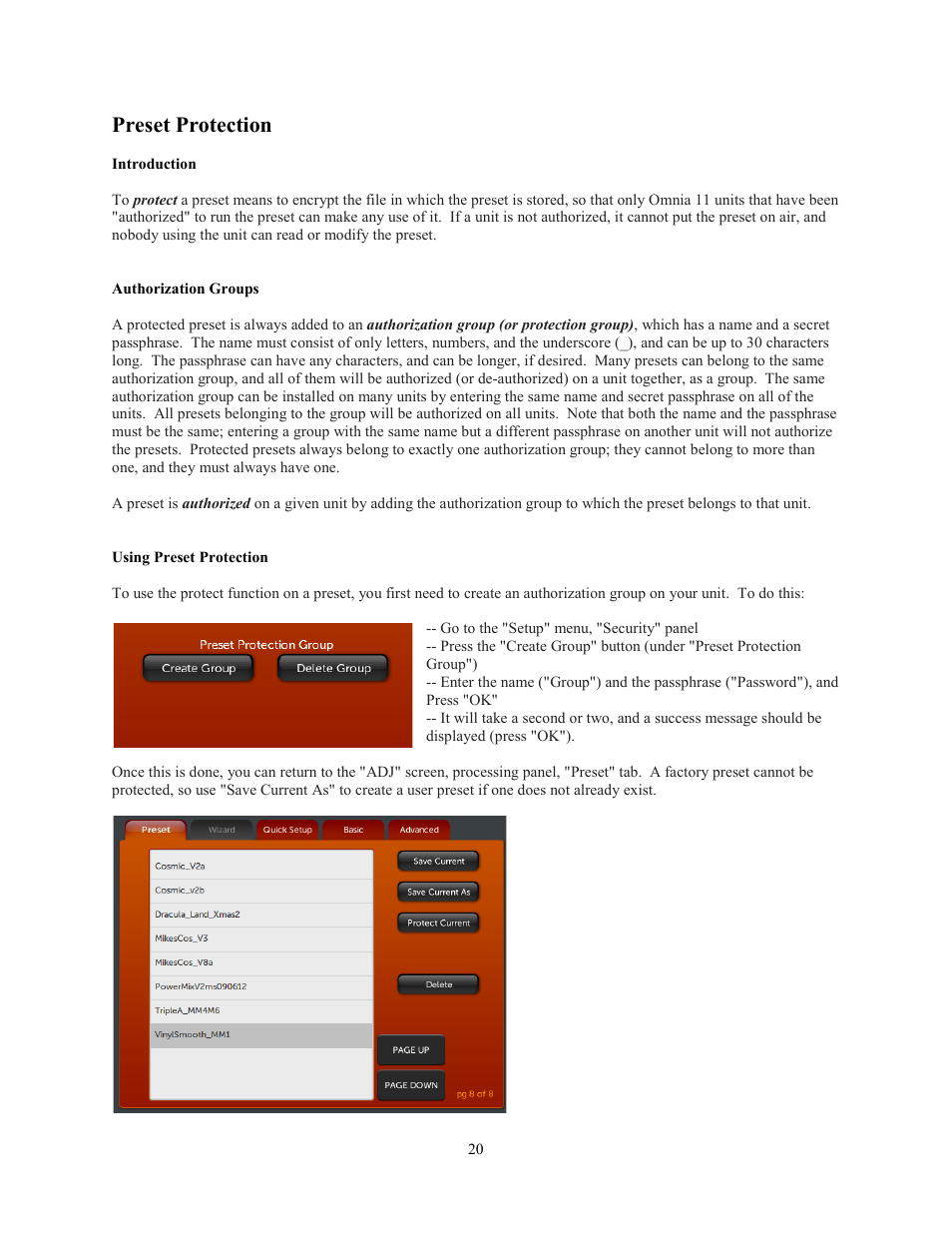 Preset protection, Introduction, Authorization groups | Using preset protection | Omnia Audio Omnia.11 User Manual | Page 36 / 102