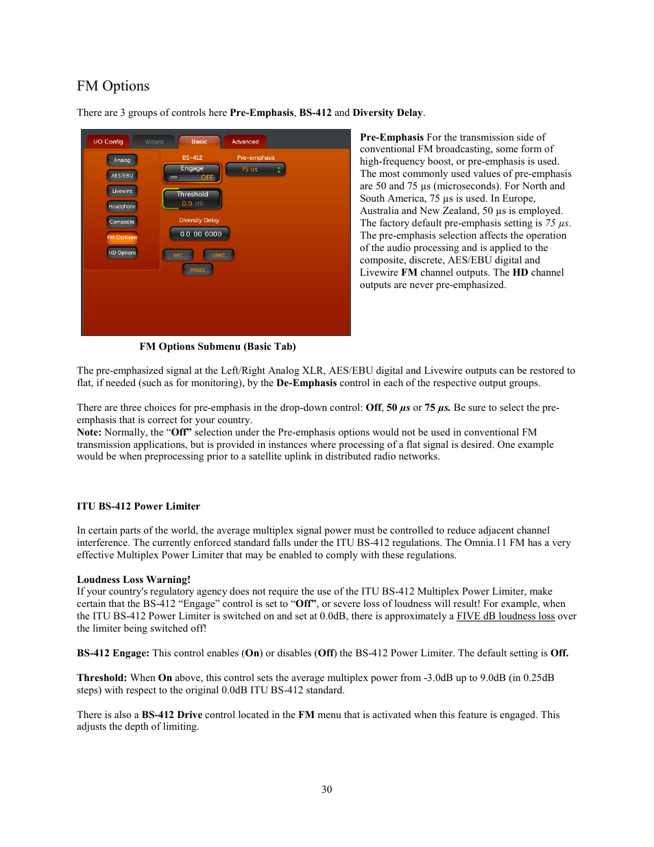 Fm options, Itu bs-412 power limiter | Omnia Audio Omnia.11 User Manual | Page 46 / 102