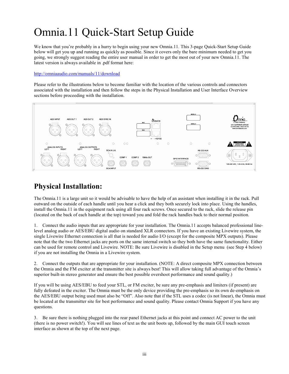 Omnia.11 quick-start setup guide, Physical installation | Omnia Audio Omnia.11 User Manual | Page 5 / 102