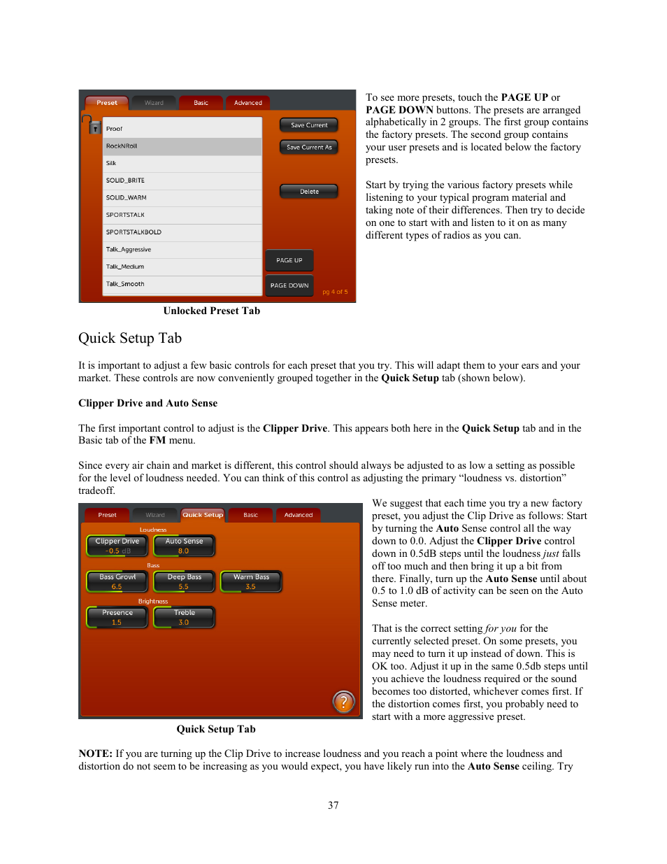 Quick setup tab, Clipper drive and auto sense | Omnia Audio Omnia.11 User Manual | Page 53 / 102