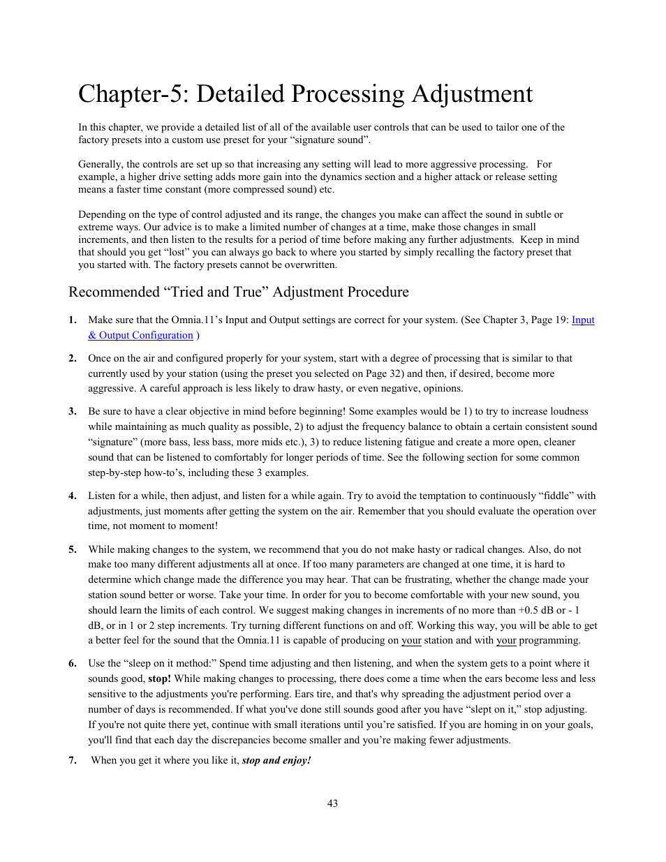 Chapter-5: detailed processing adjustment, Recommended “tried and true” adjustment procedure | Omnia Audio Omnia.11 User Manual | Page 59 / 102