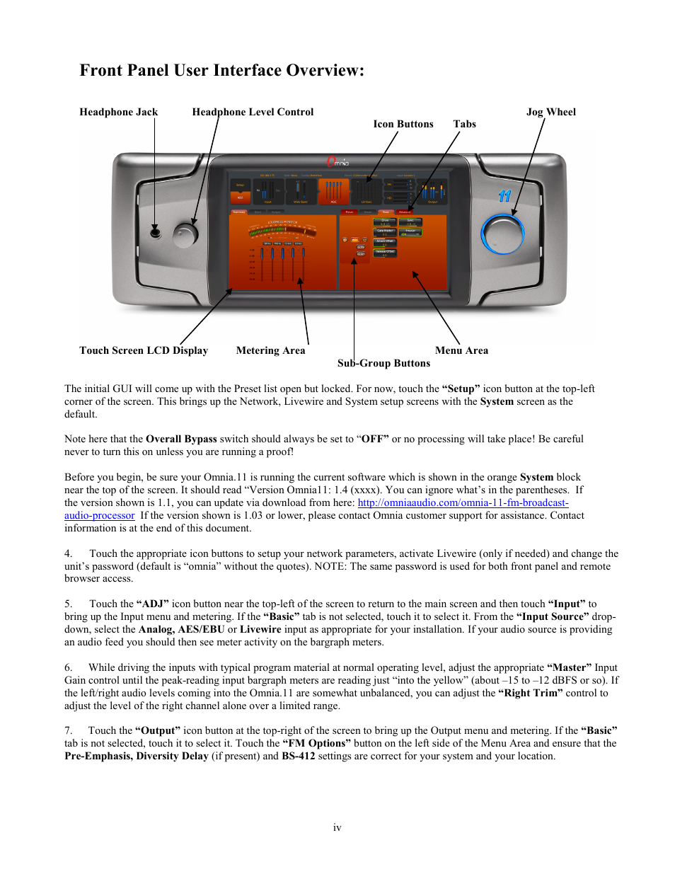 Front panel user interface overview | Omnia Audio Omnia.11 User Manual | Page 6 / 102