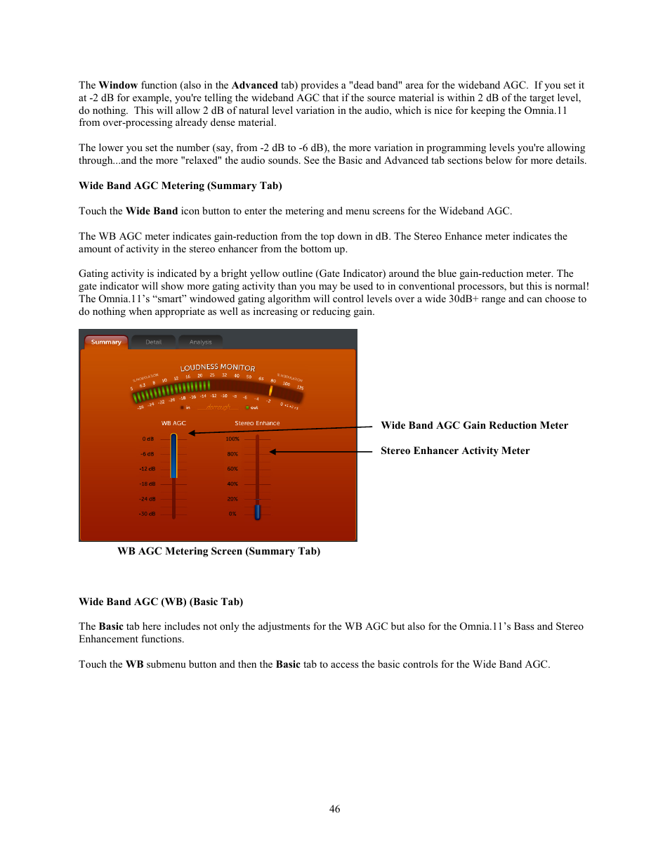 Wide band agc metering (summary tab), Wide band agc (wb) (basic tab) | Omnia Audio Omnia.11 User Manual | Page 62 / 102