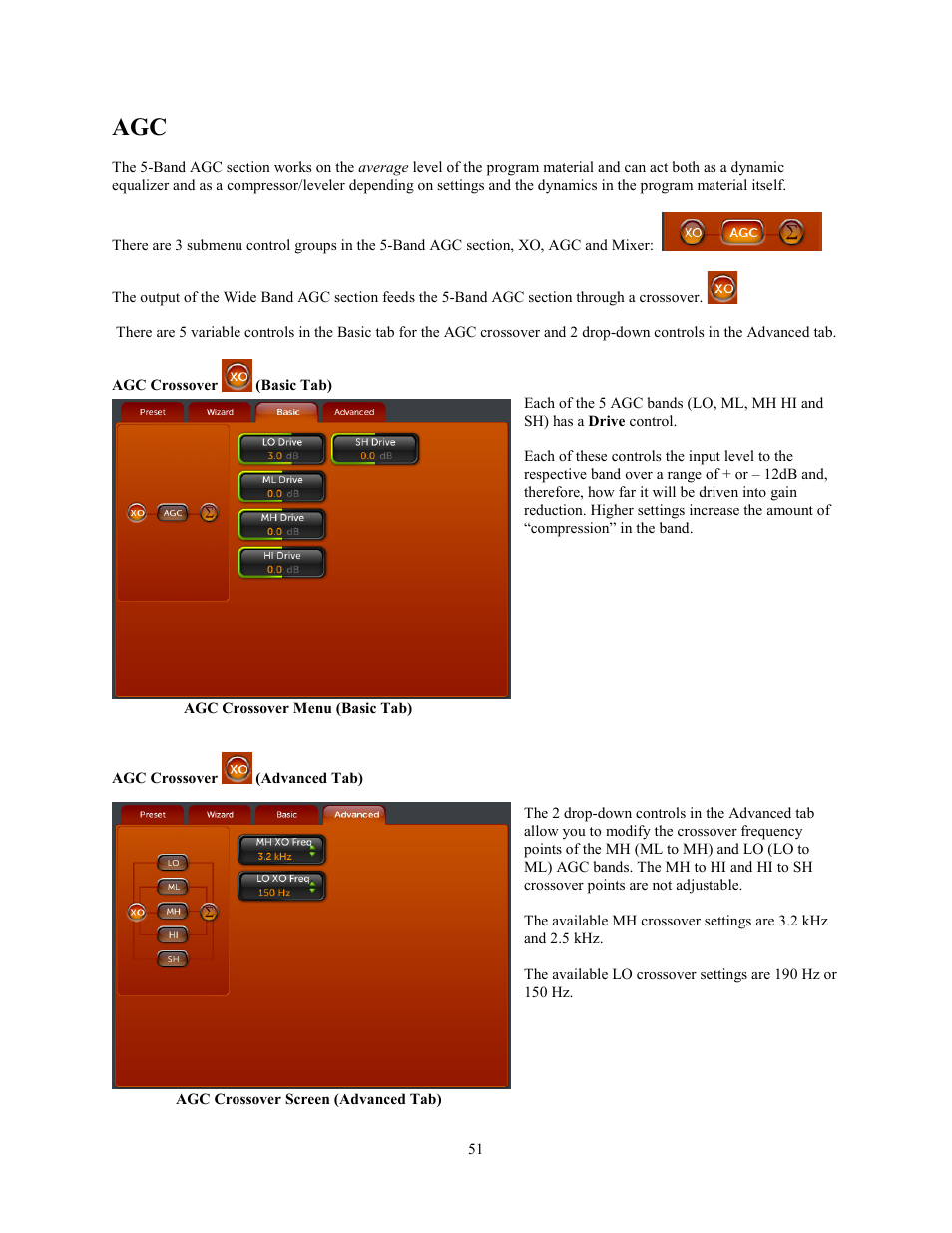Agc crossover (basic tab), Agc crossover (advanced tab), Agc crossover | Basic tab), Advanced tab) | Omnia Audio Omnia.11 User Manual | Page 67 / 102