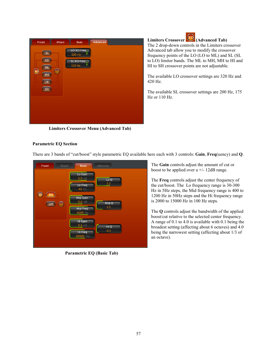 Limiters crossover (advanced tab), Parametric eq section, Limiters crossover | Advanced tab) | Omnia Audio Omnia.11 User Manual | Page 73 / 102