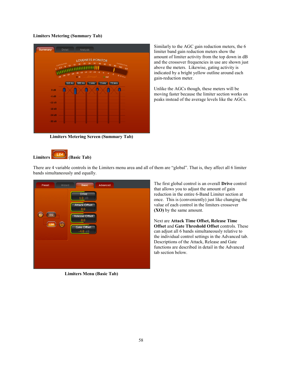 Limiters metering (summary tab), Limiters (basic tab), Limiters metering (summary tab) limiters | Basic tab) | Omnia Audio Omnia.11 User Manual | Page 74 / 102