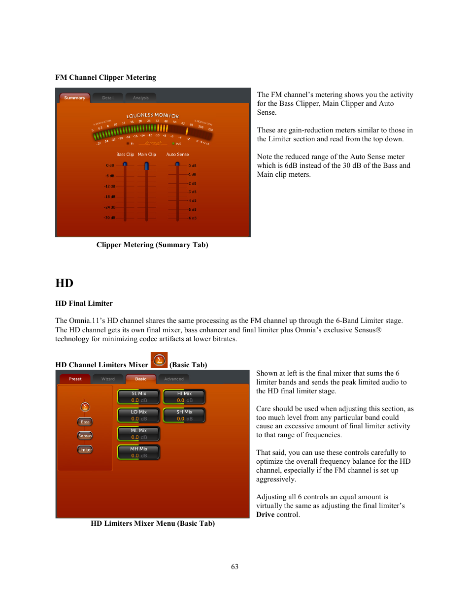 Fm channel clipper metering, Hd final limiter, Hd channel limiters mixer (basic tab) | Hd final limiter hd channel limiters mixer, Basic tab) | Omnia Audio Omnia.11 User Manual | Page 79 / 102