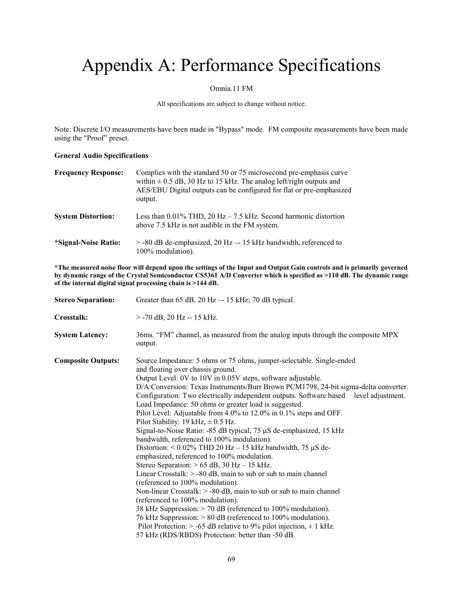 Appendix a: performance specifications | Omnia Audio Omnia.11 User Manual | Page 85 / 102